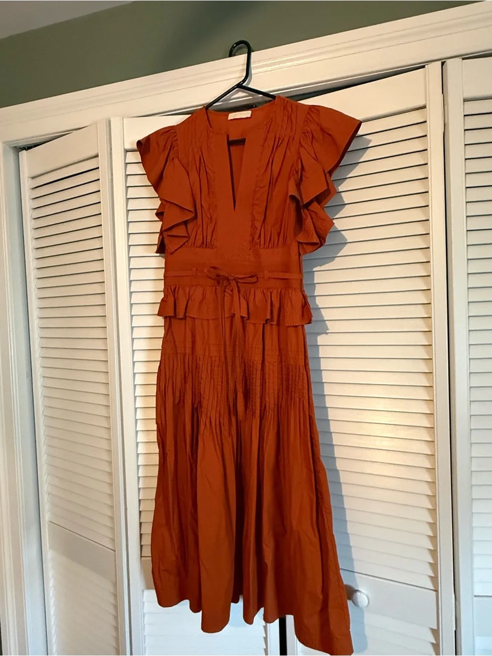 Ulla Johnson Rust Orange Ruffle-Trim Midi Dress - Picture 2 of 6